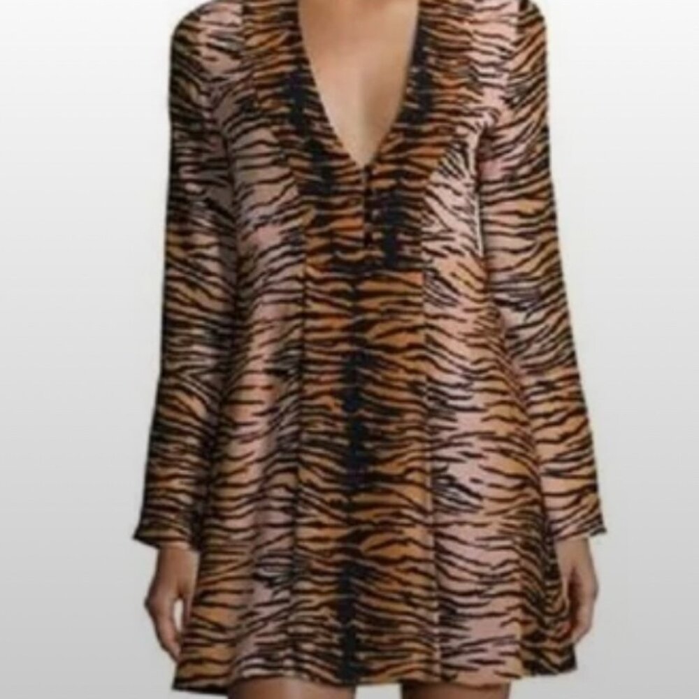 A.L.C. Brinkley Silk Mini Dress Animal Print V Neck A Line Long Sleeve US 2